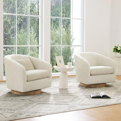 CHITA Swivel Accent Chair Set of 2, FSC Wood Frame, Fully Assembled, Cream | Fabric Barrel Arm Chair with 360° Swivel Solid Wood Base, Mid Century Modern Living Room Chair, 31"x31"x28", 350 Lb Capacity