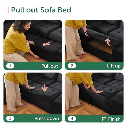 Modular Sectional Sleeper Sofa with Pull Out Bed, U Shaped Sleeper Couches with Storage Chaise, 114'' Sleeper Sectional Sofas for Living Room, Apartment (Velvet Black)