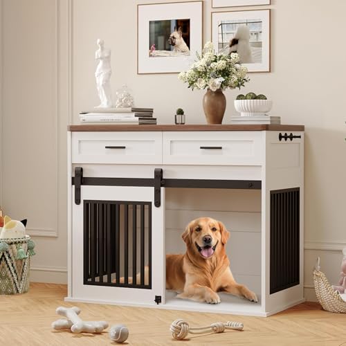 44.5'' Dog Crate Furniture with Sliding Barn Door and Storage Drawer, view 2