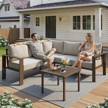 6 Piece Patio Furniture Set, Metal Outdoor Sectional Sofa with 6" Thick Olefin Cushions, Wide Armrest & Coffee Table, L Shaped Outdoor Furniture for Garden, Backyard Beige