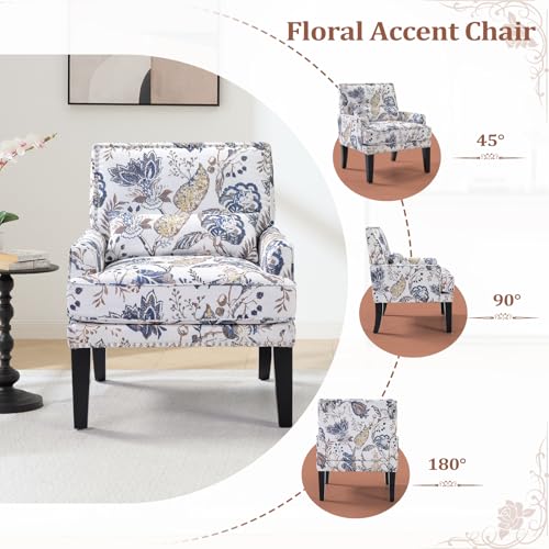 Floral Accent Chair Set of 2 with Lumbar Pillow,Upholstered Wingback Reading Armchair with Nailhead Trim, Mid-Century Single Sofa Chair for Living Room, Bedroom, Blue Floral