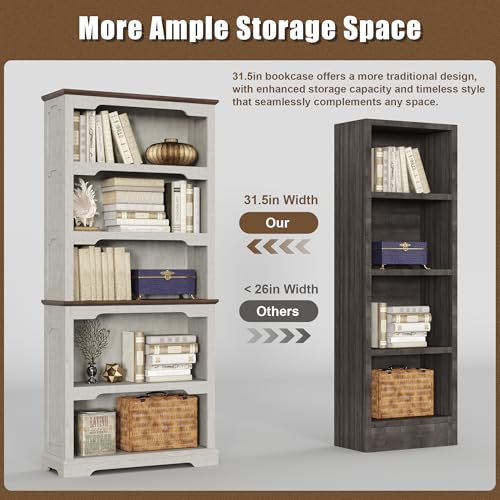 70”Tall White Bookcase Bookshelf, 5-Tier Farmhouse Bookcase Shelves, view 4