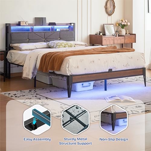 Upholstered Platform Bed Frame with Charging Station and Light Strips, Black, view 6