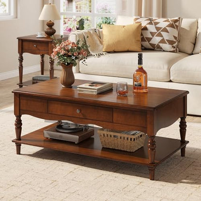 Wooden Coffee Table with Drawers & Storage Shelf, Cherry Brown | 43.3x23.6x17.7in, Vintage Rectangle Center Table with 2 Drawers, Apartment Cocktail Table with Turned Legs for Living Room