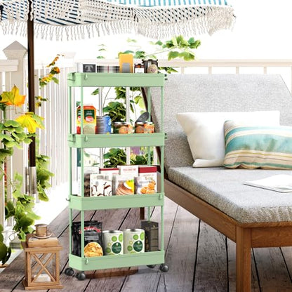 Slim Rolling Storage Cart 4 Tier Bathroom Organizer Utility Cart Mobile Shelving Unit Tower Rack for Kitchen, Laundry Room, Bathroom, Narrow Places, Green