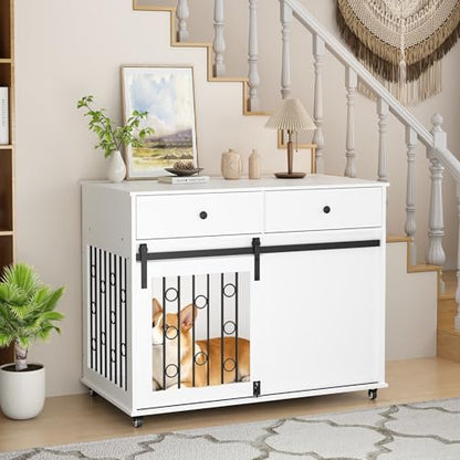 Rolling Furniture Dog Crate, 39" Wood Dog Crate End Table with Swivel Casters, view 2
