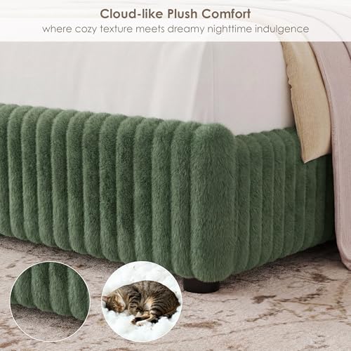 Queen Faux-Fur Upholstered Bed Frame with 54" Channeled Wingback Headboard, view 8