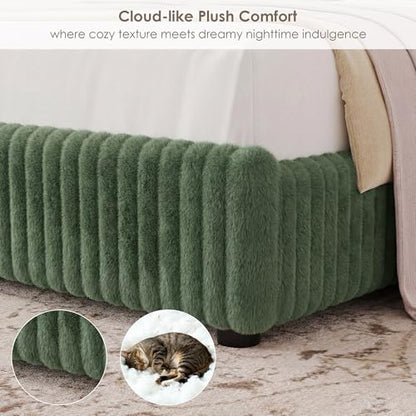 Queen Faux-Fur Upholstered Bed Frame with 54" Channeled Wingback Headboard, view 8