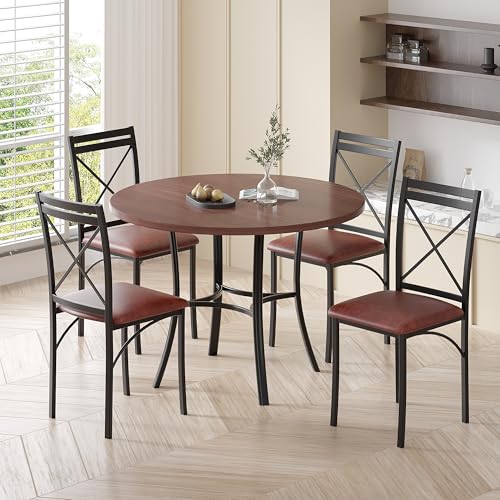 5 Piece Dining Table Set for 4, Wood Grain Dinette with Chairs for Kitchen, Breakfast Nook, Small Space, Dark Brown