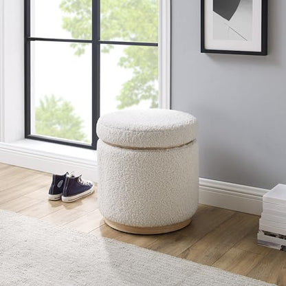 Home Décor Cream Sherpa Round Storage Wooden Base by Lexington Ottoman (AMZN2305)
