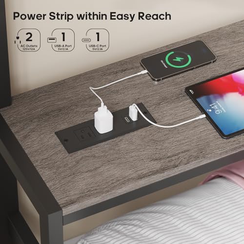 Full Over Full Bunk Beds with 4 Storage Drawers & Shelves & Bedside Caddy, Bunk Bed with Charging Station & LED Lights, Full Size Bunk Bed with Safety Guardrail & Angled Ladder, Black & Grey