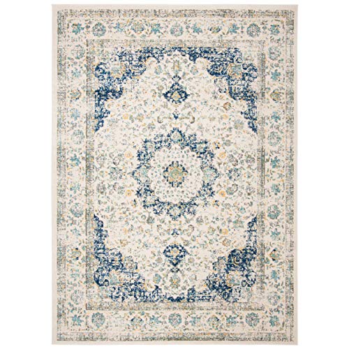SAFAVIEH Evoke Collection Area Rug - 6'7" x 9', Ivory & Blue, Shabby Chic Oriental Medallion Design, Non-Shedding & Easy to Clean, Ideal for Living Room, Bedroom, Dining Space (EVK220C)
