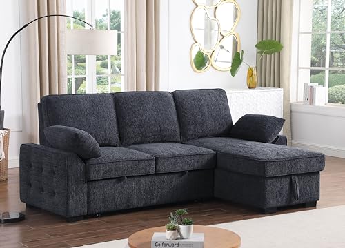Modern Chenille Sofa Bed with Storage and Charging Ports, view 6