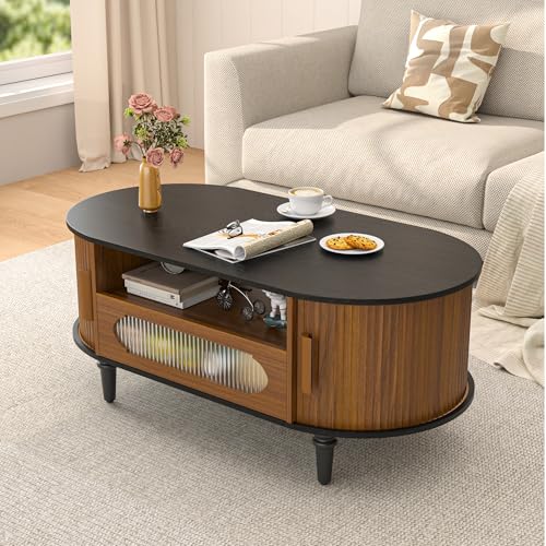 Fluted Round Coffee Table with Storage, Modern Oval Coffee Table with Drawer, Sliding Door, Low Small Center Tables for Living Room, Wooden Boho, Mid Century, Unique, Black and Walnut