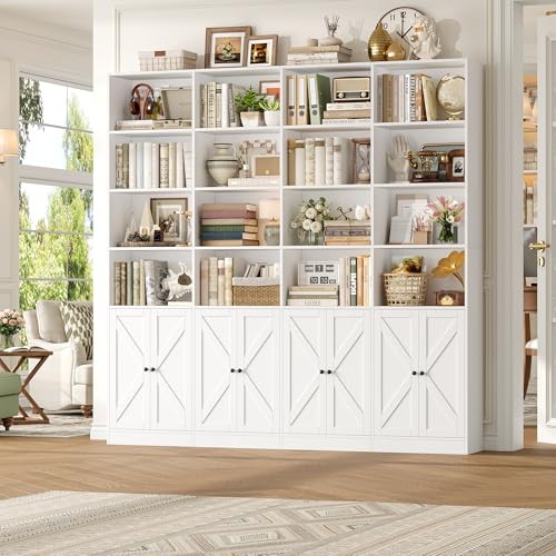 72.8" Large Bookshelf, Farmhouse Bookshelf with 8 Doors, White, view 5