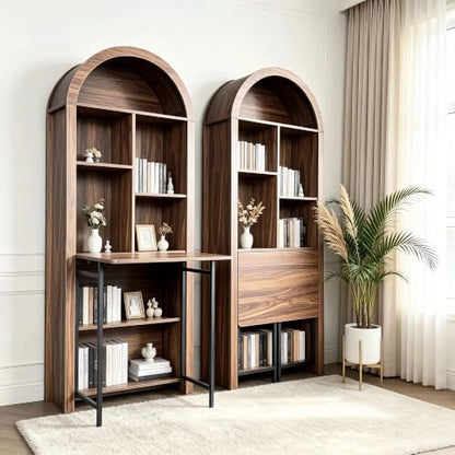 Folding Desk with Storage, Arched Craft Desk with Bookshelf-Walnut, view 2