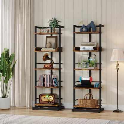 Book Shelf Narrow Bookshelf: 5 Tier Wood Bookcase with Metal Edge Protection Industrial Modern Bookshelf Book Storage Organizer for Living Room Bedroom Home Office (Rustic Brown)