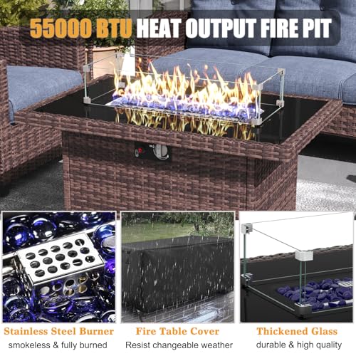 10 Pieces Patio Furniture Set with Swivel Chairs, Rattan Wicker Rocking Glide Chairs with 44" Propane Gas Fire Pit Table Conversation Set