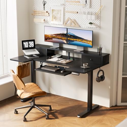 55 Inch U Shape Standing Desk with Keyboard Tray & Drawers, Black, view 3