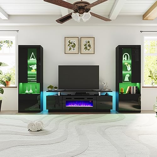 70" Fireplace Entertainment Center with Bookcases Set of 3, Black, view 8