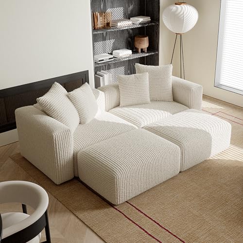 Convertible Modular Sectional Sofa with Ottoman, Sleeper Bed, White | Corduroy Couch, Wood Frame, Free Combination, DayBed, for Living Room Small Space Apartment