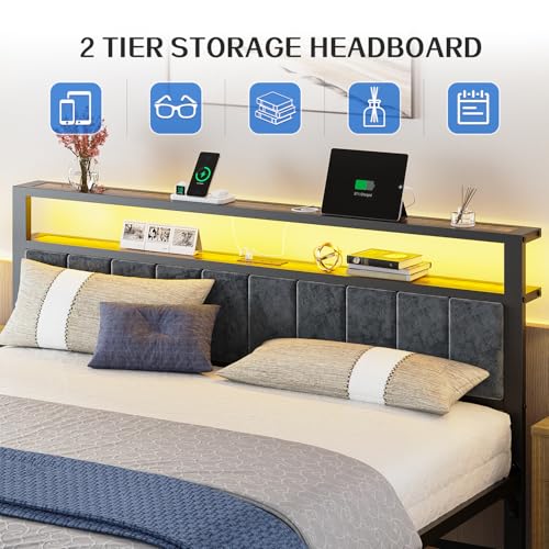 King Size Bed Frame with LED Lights, Upholstered Headboard, view 4