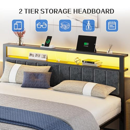 King Size Bed Frame with LED Lights, Upholstered Headboard, view 4