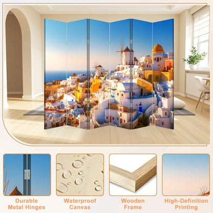 6 Panel Room Divider Screen Santorini Island Famous Popular Summer Resort Greece Folding Privacy Screen Canvas Wall Divider Wood Room Separator Portable Freestanding Partition 6Ft