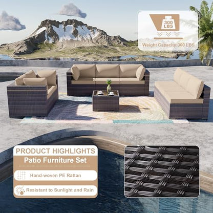 9 Pieces Patio Furniture Set Wicker Patio Conversation Set with 4 Corner Sofas, Outdoor Sectional Furniture w/Coffee Table & Washable Seat Cushions-Sand