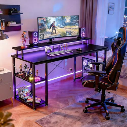 55 Inch Gaming Desk with LED Lights & Storage Shelves, Black, view 3