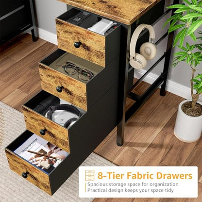 DLisiting Home Office Desk with Drawers for Storage - 55 inch Computer Desk with 8 Fabric Drawer, Writing Study Work Desks with Drawers on Both Sides for Bedroom