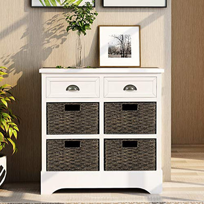 Storage Cabinet with 4 Classic Rattan Basket & 2 Drawers,for Living Room,Bedroom(28"L x 11.8"W x 28"H). (White)
