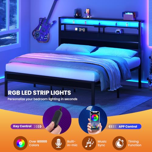 King Size Bed Frame with LED Lights and Charging Station, view 5