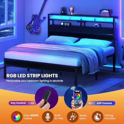 King Size Bed Frame with LED Lights and Charging Station, view 5