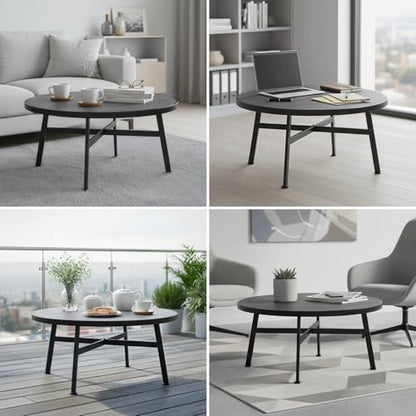 Round Coffee Table, Industrial Circular Center Coffee Table for Living Room, Rustic Wood Desktop Storage Shelf with Metal X-Shape Table Leg, Modern Home Furniture (30.71 * 15.75")