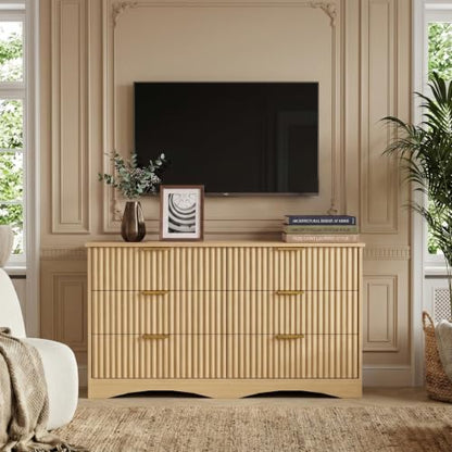 Dresser for Bedroom, 47.2" Fluted Wood Chest of Drawers, Natural, view 7