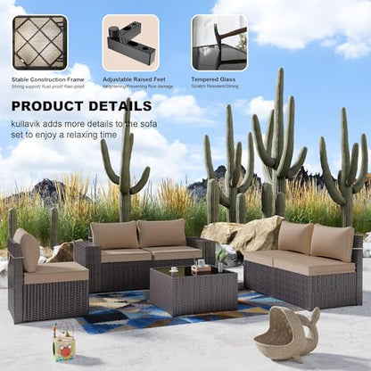 6PCS Outdoor Patio Furniture Set PE Wicker Rattan Sectional Sofa Patio Conversation Sets,Khaki