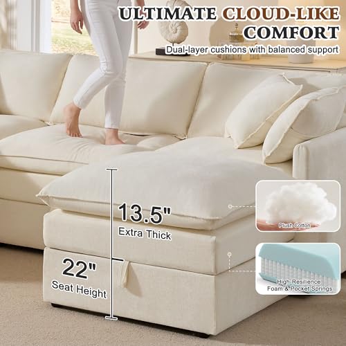 103" Modular Sectional Sofa with Storage, L Shaped Cloud Couch with Movable Ottomans & 4 Pillows, Chenille Deep Seat Sectional Couches for Living Room, Apartment (Beige)