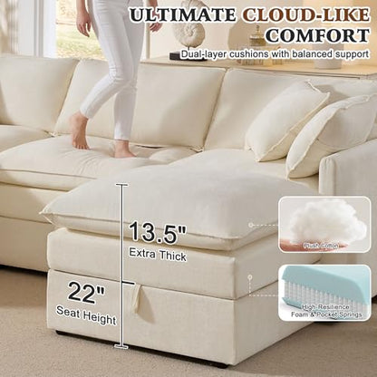 103" Modular Sectional Sofa with Storage, L Shaped Cloud Couch with Movable Ottomans & 4 Pillows, Chenille Deep Seat Sectional Couches for Living Room, Apartment (Beige)