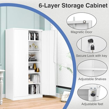 Metal Storage Cabinet with Lock,Tall White File Cabinet with 2 Doors and 5 Adjustable Shelves,Steel Storage Cabinets for Garage,Home Office,Pantry,School,Hospital