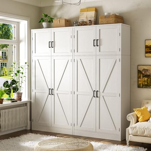 71” Tall Storage Cabinet, Farmhouse Kitchen Pantry Cabinet with Adjustable Shelves and Barn Doors, Large Bathroom Storage Cabinet, Storage Cupboard for Dinning, Living Room, Office, 2 Pack