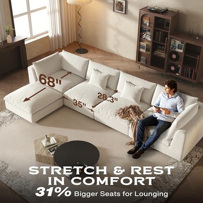 Oversized Modular Sectional Sofa,Cloud Couch Deep Seat Sofa Cushion Covers Removable, Oversized Sectional Couches for Living Room (3 Seater+1 Ottoman-Cream White)