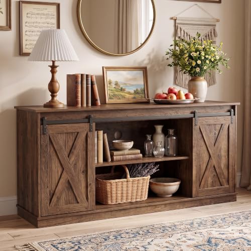 Farmhouse TV Stand for 65 Inch TV, Tall Entertainment Center, Rustic Brown, view 2
