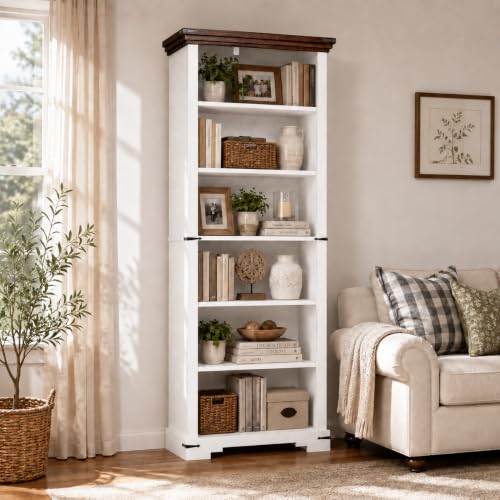 6-Tier Farmhouse Bookshelf, 73 inch Tall Bookcase with 2 Adjustable Shelves, view 2