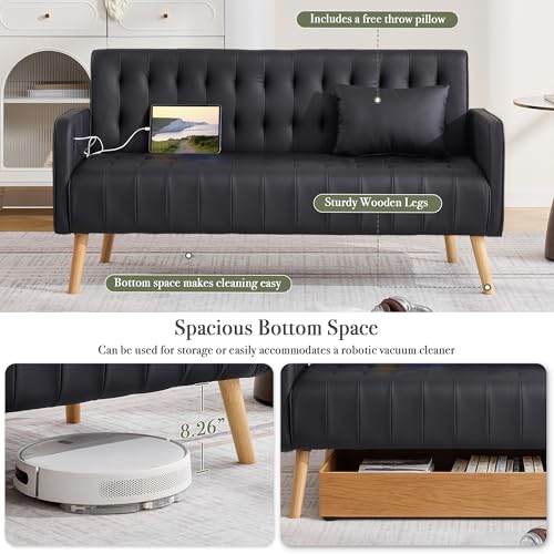 57” W Loveseat Sofa, Small Black Faux Leather Couch w/USB Charging Ports & Pockets, Mid Century Modern Tufted Love Seat Couches, Mini Office Sofa Couch for Small Spaces, Bedroom, Apartment