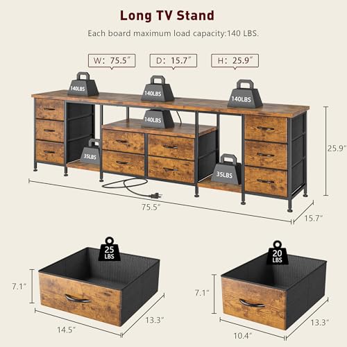 75.5" Long TV Stand for 85/80/75" TVs with LED, Power Outlets & 10 Drawers | Rustic Brown Television Stands with 2 Separate Wood Shelves, Spacious Storage,Sturdy Metal Frame for Bedroom Living Room