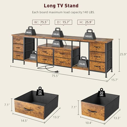 75.5" Long TV Stand for 85/80/75" TVs with LED, Power Outlets & 10 Drawers | Rustic Brown Television Stands with 2 Separate Wood Shelves, Spacious Storage,Sturdy Metal Frame for Bedroom Living Room