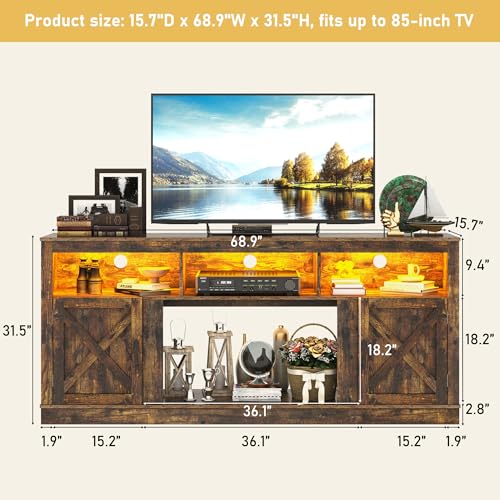Farmhouse TV Stand for 70/75/80 Inch TV, 32”Tall Entertainment Center w/LED Light, Large Media Console Cabinet w/Barn Doors & Adjustable Shelves for Living Room, Rustic Brown