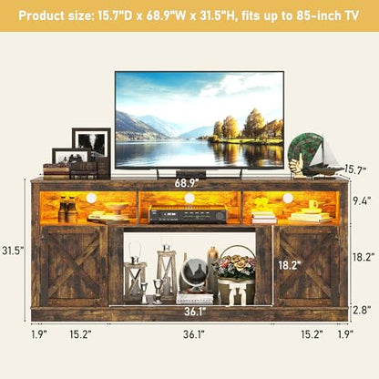 Farmhouse TV Stand for 70/75/80 Inch TV, 32”Tall Entertainment Center w/LED Light, Large Media Console Cabinet w/Barn Doors & Adjustable Shelves for Living Room, Rustic Brown