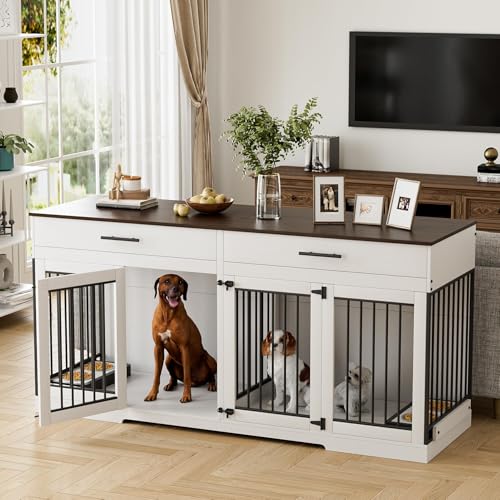 72" Double Dog Crate Furniture for Medium Large Dogs, White, view 2